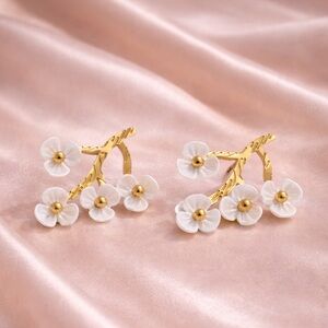 White Floral  Blossom Gold Stainless Steel Earrings